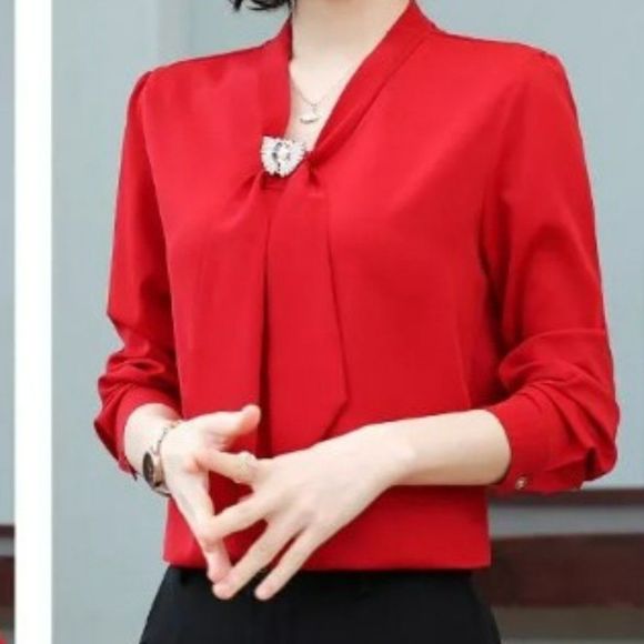 Red Tie Neck Blouse with Rhinestone Brooch NWT - Picture 13 of 13
